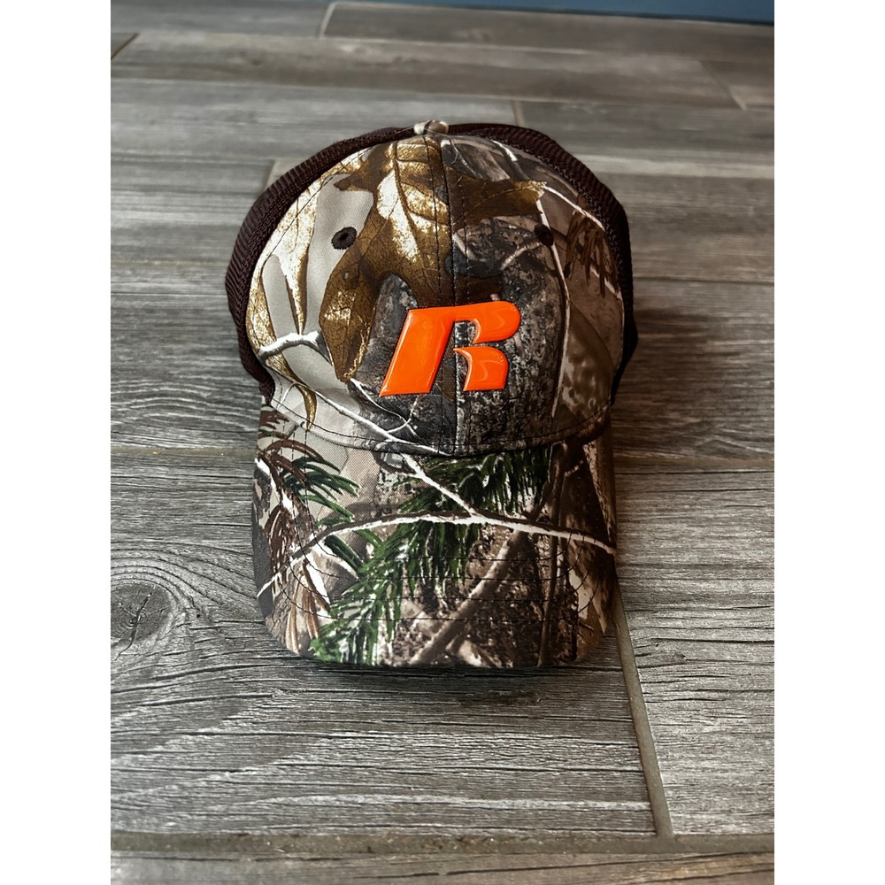 Russell Athletic Camo Mesh Trucker Hat Orange R Logo Men‎ Adjustable